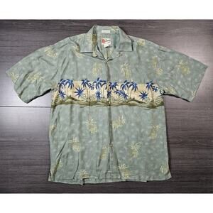 Hilo Hattie Shirt Mens Large Hawaiian Surfer Palm Trees Beach Aloha Graphic